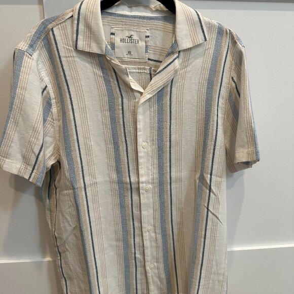 Hollister Striped Button-Down Shirt – Cream & Blue, Size XS - Picture 1 of 2